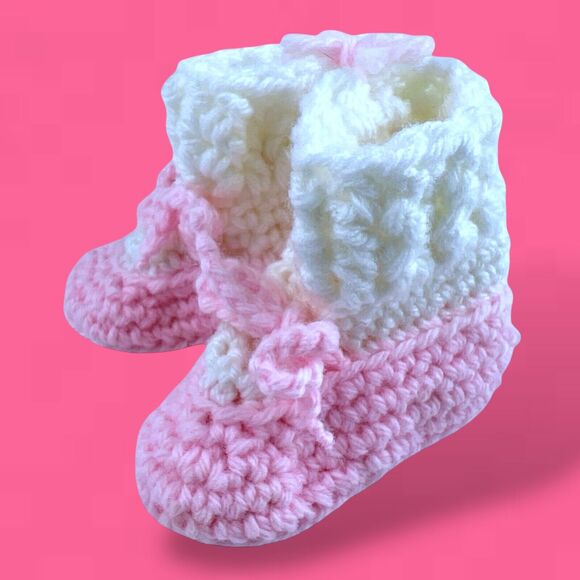 Handmade Crocheted Pink Mary Janes w/ White Socks Vintage Baby Booties NEW - Picture 3 of 6